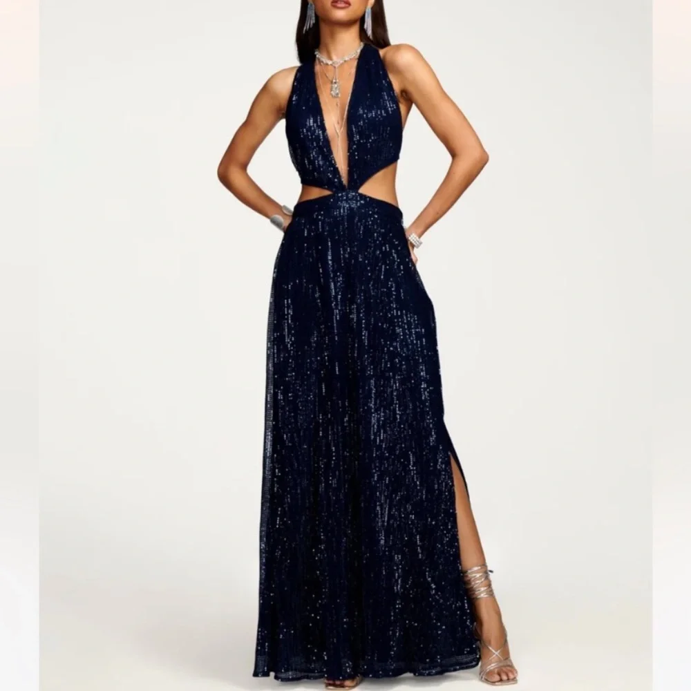 Ramy Brook Selena Sequin Maxi Dress Size 10 NWT Navy Cut Out Halter Gown Formal - Picture 1 of 13